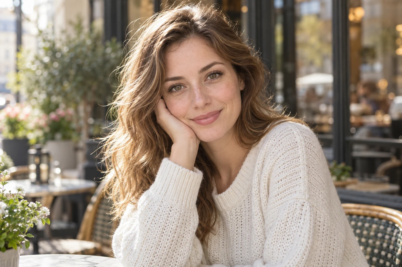 A woman with light brown hair in an ivory knit sweater rests her cheek on her hand at a softly sunlit cafe