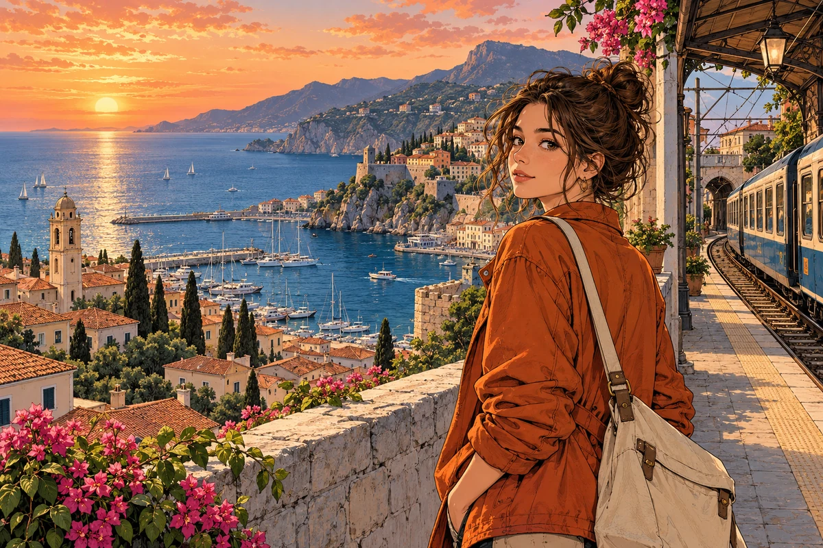 Original manga illustration of a traveler overlooking a Mediterranean harbor at sunset
